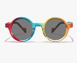 front view of colored sunglasses on the white background