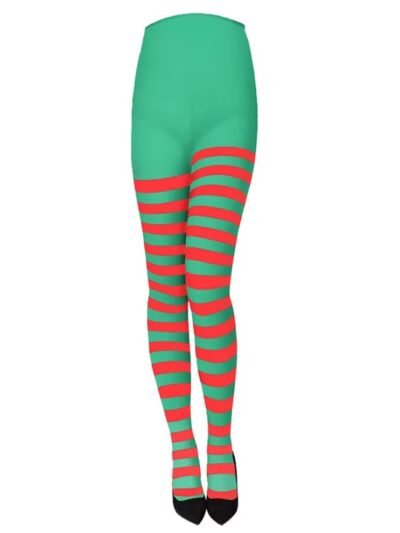 woman wearing green colorful Christmas tights and black heels