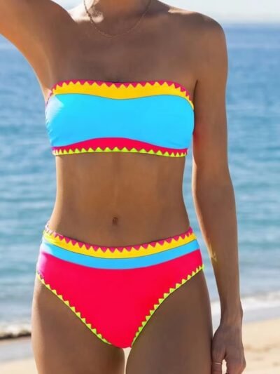 woman wearing colorful bikini set on the beach