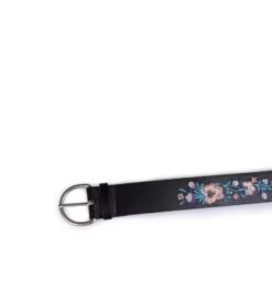 silver buckle head and material of colorful embroidery belt on the white background