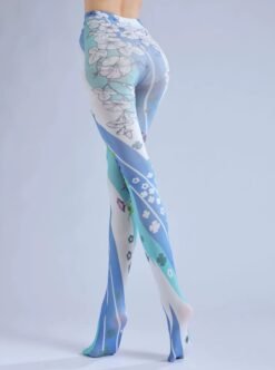 woman turned to her back wearing colorful floral pantyhose