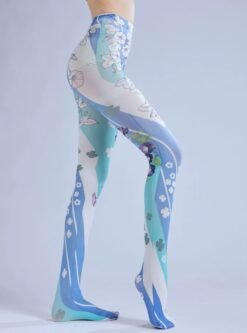 woman wearing colorful floral pantyhose and taking a step to the side