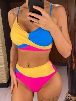 woman wearing colorful high-waisted bikini