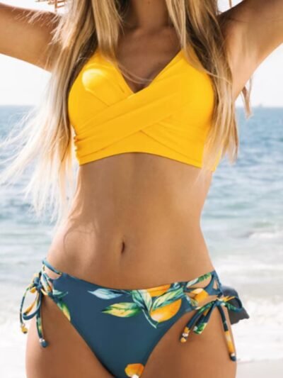 woman wearing colorful lemon bikini on the beach