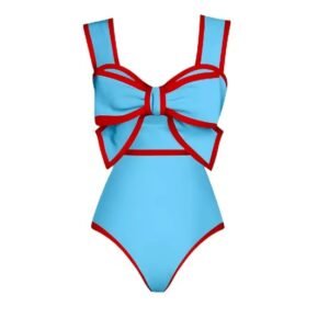 colorful one piece swimsuit with blue materiak and red details on the white background