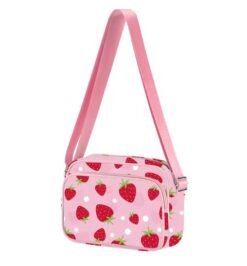 colorful strawberry bag and its strap on the white background