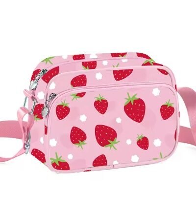 side view of colorful strawberry bag on the white background