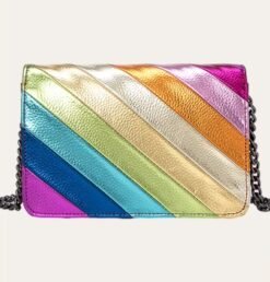 back view of colorful striped bag on the white background
