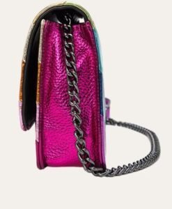 side view of colorful striped bag on the white background