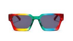 front view of colorful sunglasses with a thick frame on the white background