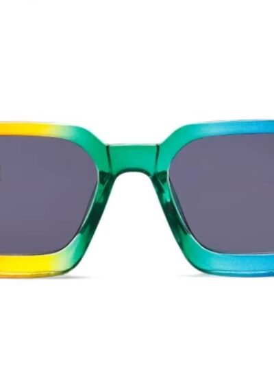 front view of colorful sunglasses with a thick frame on the white background