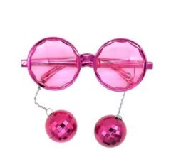 pink variation of colorful sunglasses with disco balls on the white background