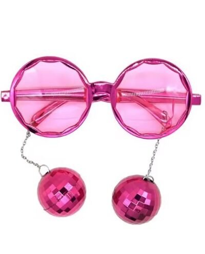 pink variation of colorful sunglasses with disco balls on the white background