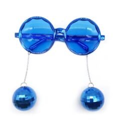 blue variation of colorful sunglasses with disco balls on the white background