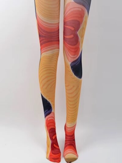 woman wearing colorful tights for women in the grey room