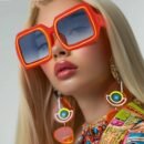 woman with blonde hair wearing oversized colorful sunglasses and multicolored earrings