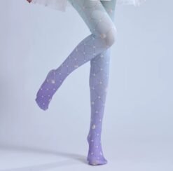 woman wearing pastel colorful tights and a white skirt