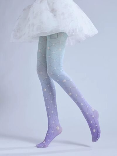 woman walking in pastel colorful tights and a white skirt