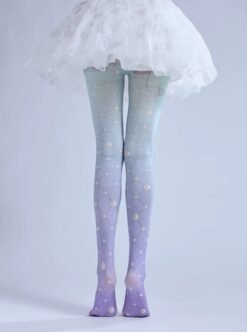 woman wearing pastel colorful tights and a white fluffy skirt, grey backgorund