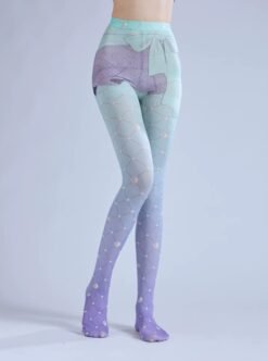 woman wearing pastel colorful tights in the grey room