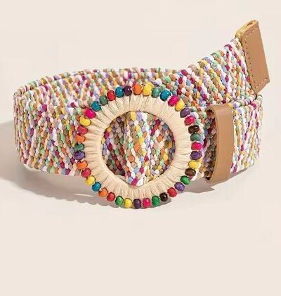 front view of wide colorful belt on the beige background