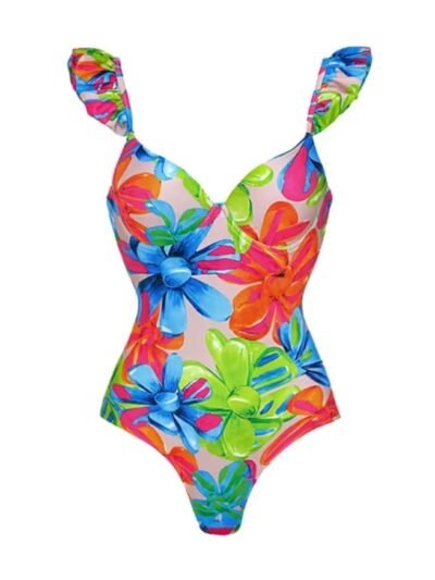 front view of women's colorful one piece swimsuit on the white background