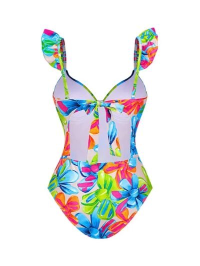 back view of women's colorful one piece swimsuit on the white background