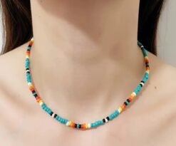 woman wearing necklace from Bohemian colorful jewelry set