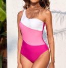 woman wearing asymmetric colorful one piece swimsuit