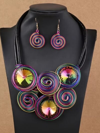 circle colorful jewelry set hanging on a black jewelry mannequin