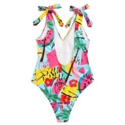 back view of colorful V-neck one piece swimsuit on the white background