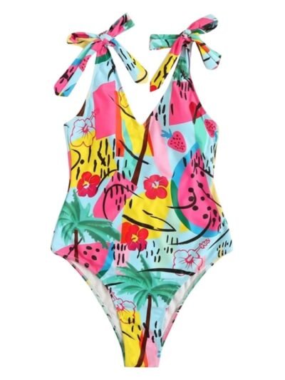 front view of colorful V-neck one piece swimsuit on the white background