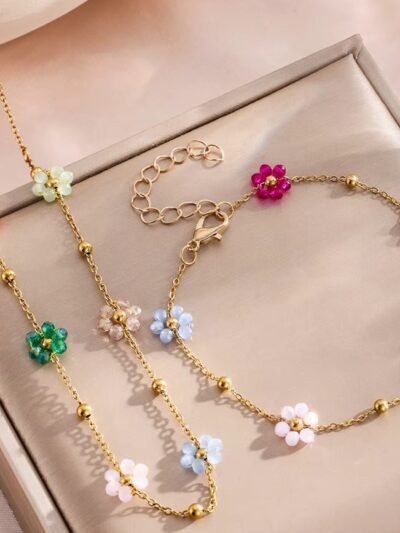 colorful flowers jewelry set in a pretty beige box