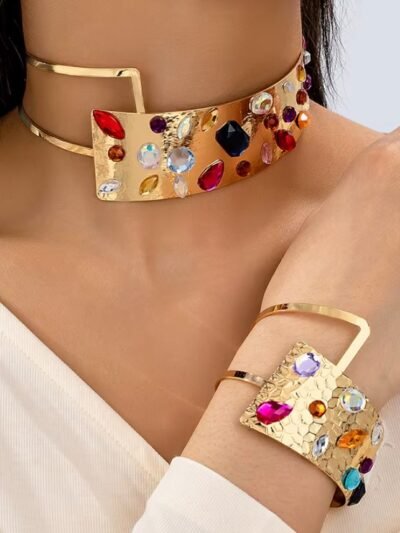 woman wearing colorful gems jewelry set