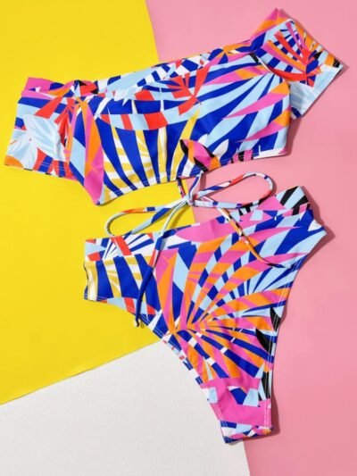 back view of colorful lace up bikini on the coloful background