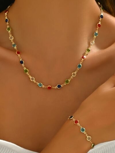 woman wearing delicate colorful jewelry set