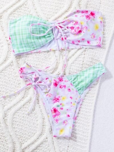 strapless colorful bikini on a white blanket