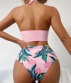 woman turned to her back wearing sweet colorful bikini
