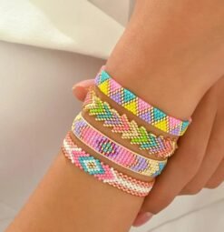 woman wearing colorful bracelets set