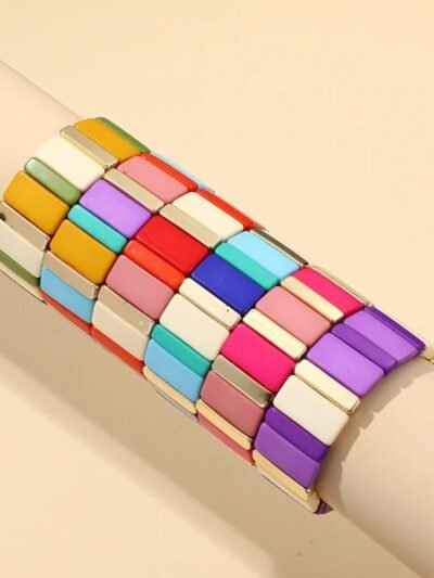 colorful rectangle beads bracelets on a beige wrist mannequin