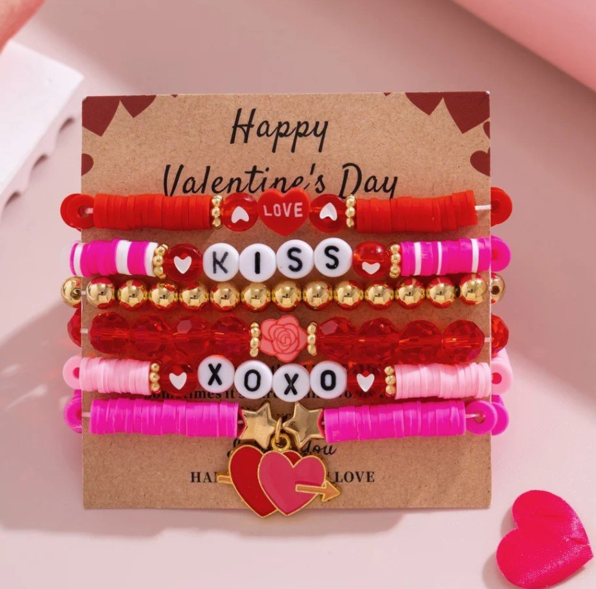Valentine's day bracelets packed in a Valentine's card