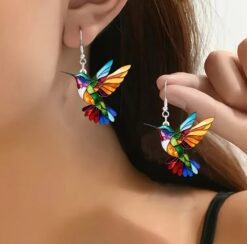 woman with brown hair wearing colorful earrings for women