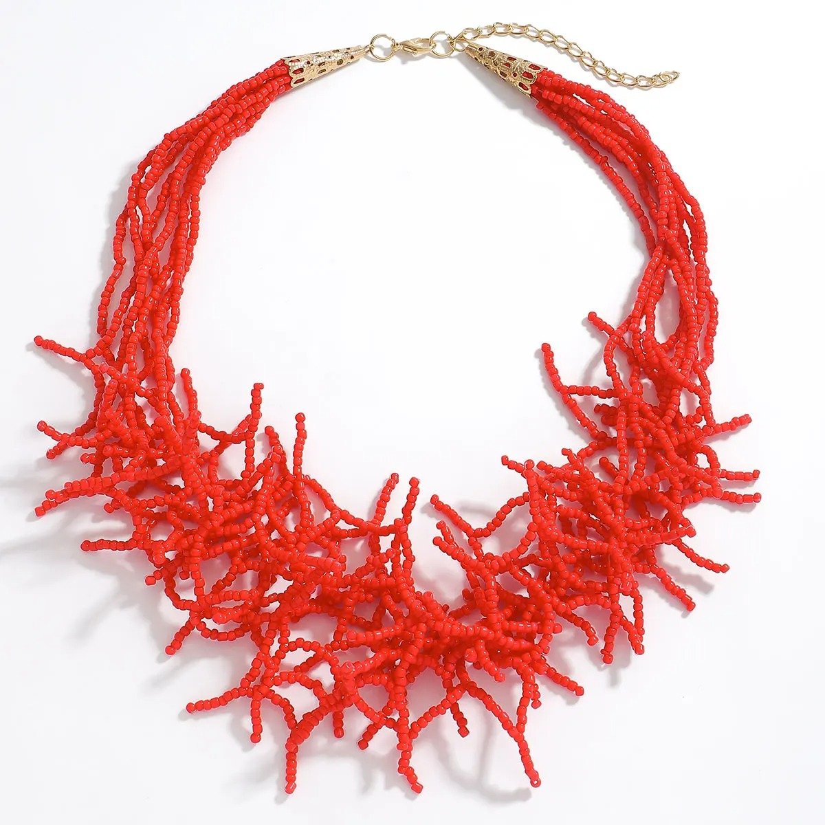 red variation of colorful coral necklace on the white background