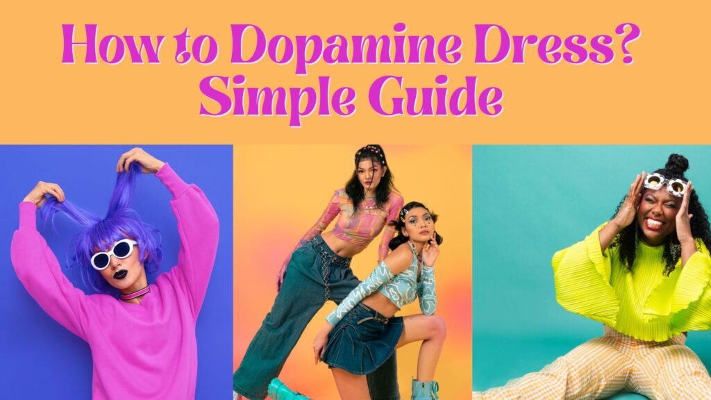 poster representing how to dopamine dress: woman wearing a pink hoodie, girls wearing colorful clothes and a woman wearing bright yellow blouse, smiling