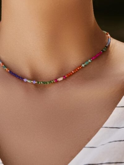 woman wearing multicolor beaded necklace