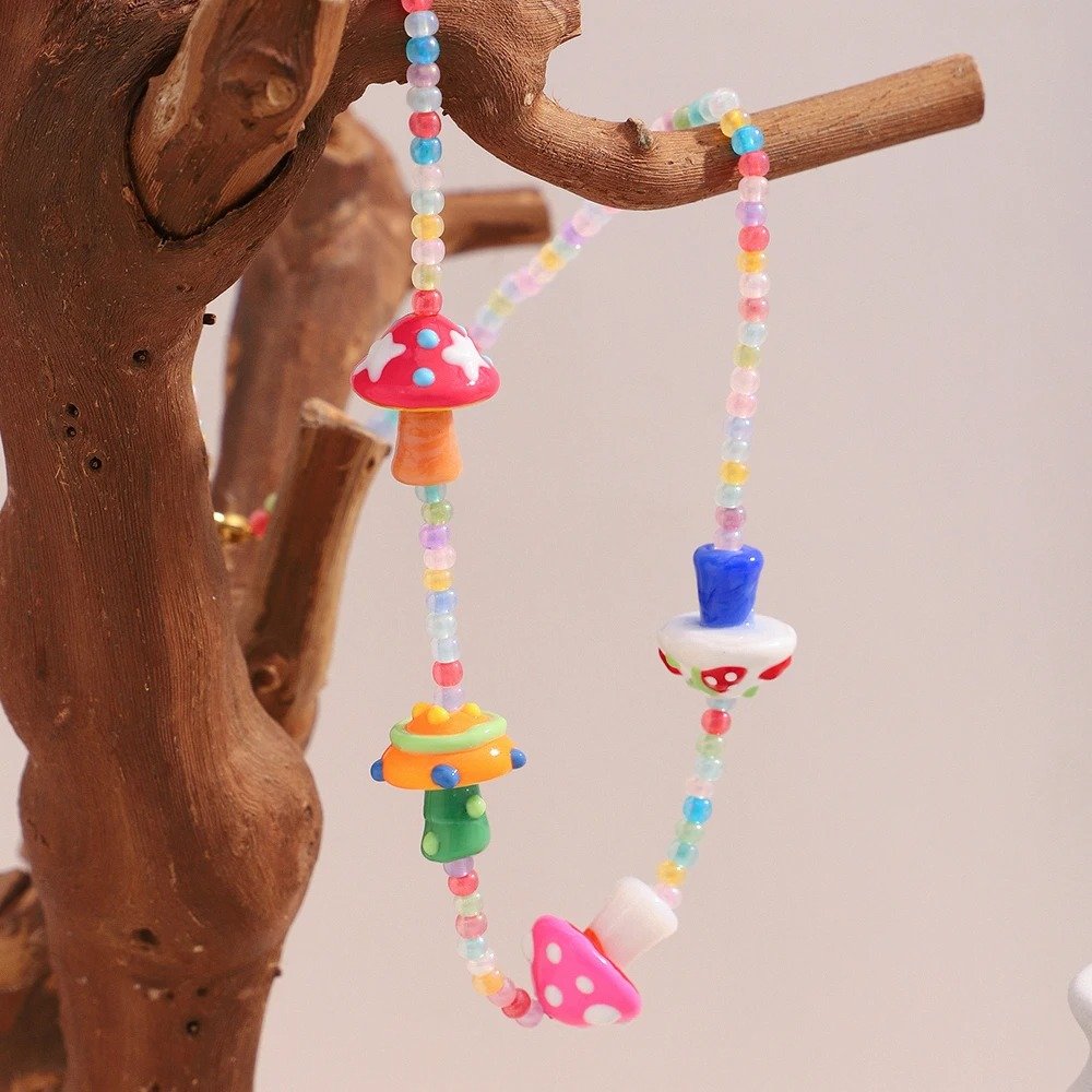 waterproof colorful necklace on the wooden branch