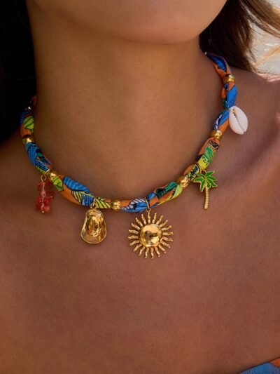 woman wearing colorful scarf necklace