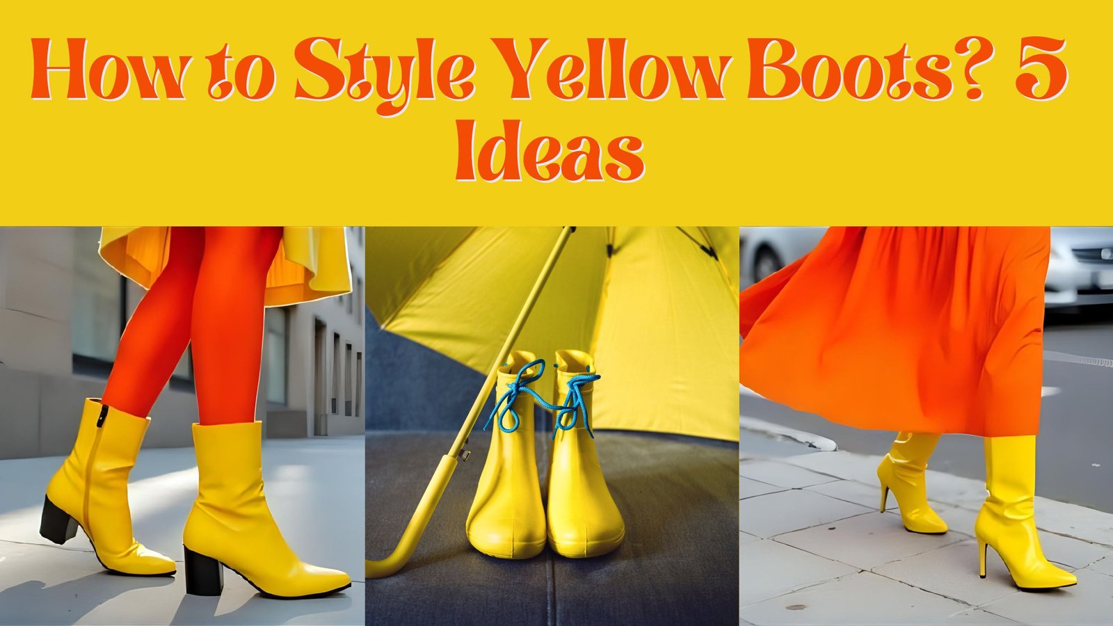 poster representing how to style yellow boots - woman wearing yellow boots and orange tights, yellow boots next to a yellow umbrella and a woman wearing yellow boots with an orange dress