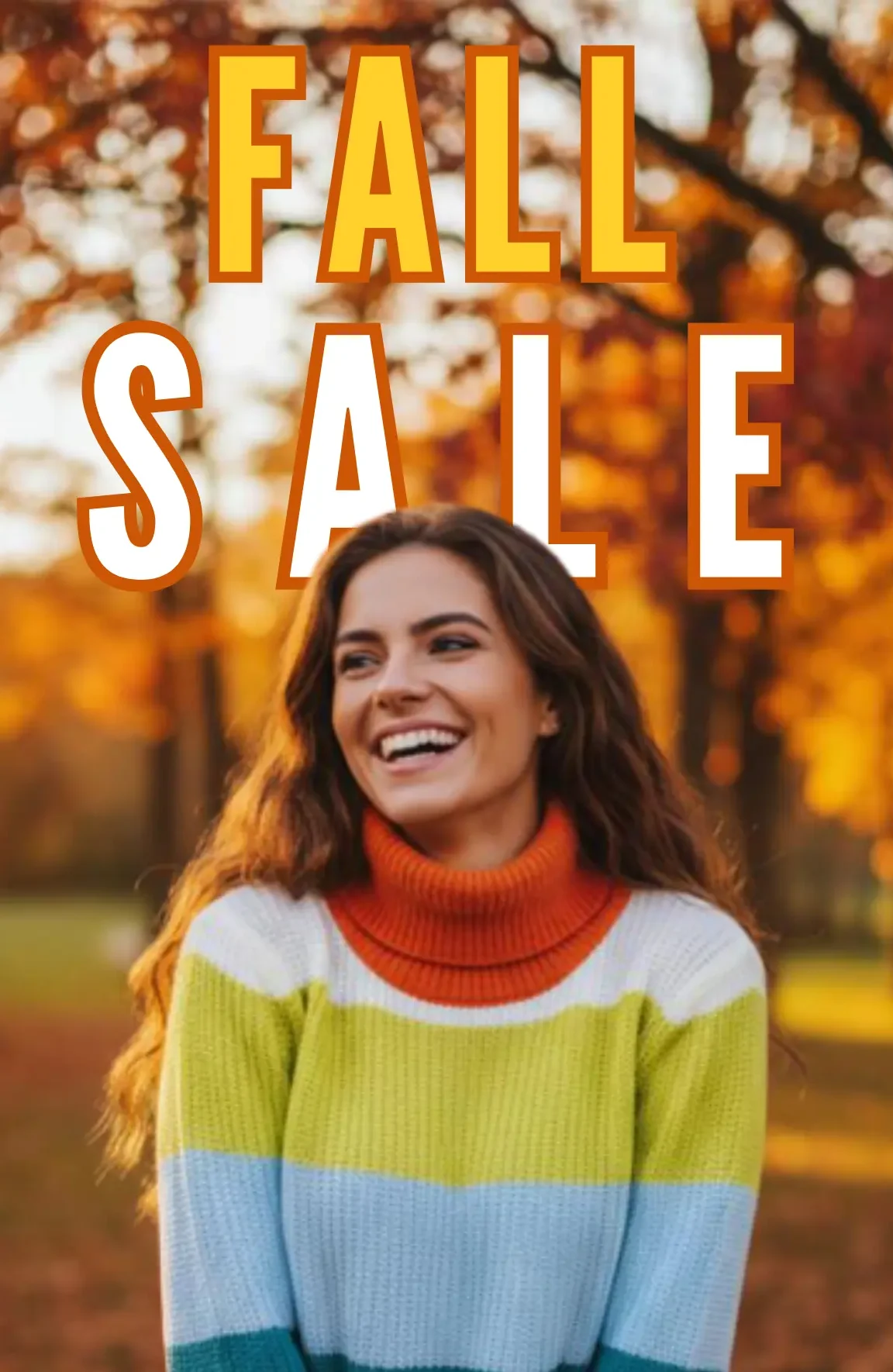 Woman in a colorful striped sweater standing in an autumn park with fall sale and discount text