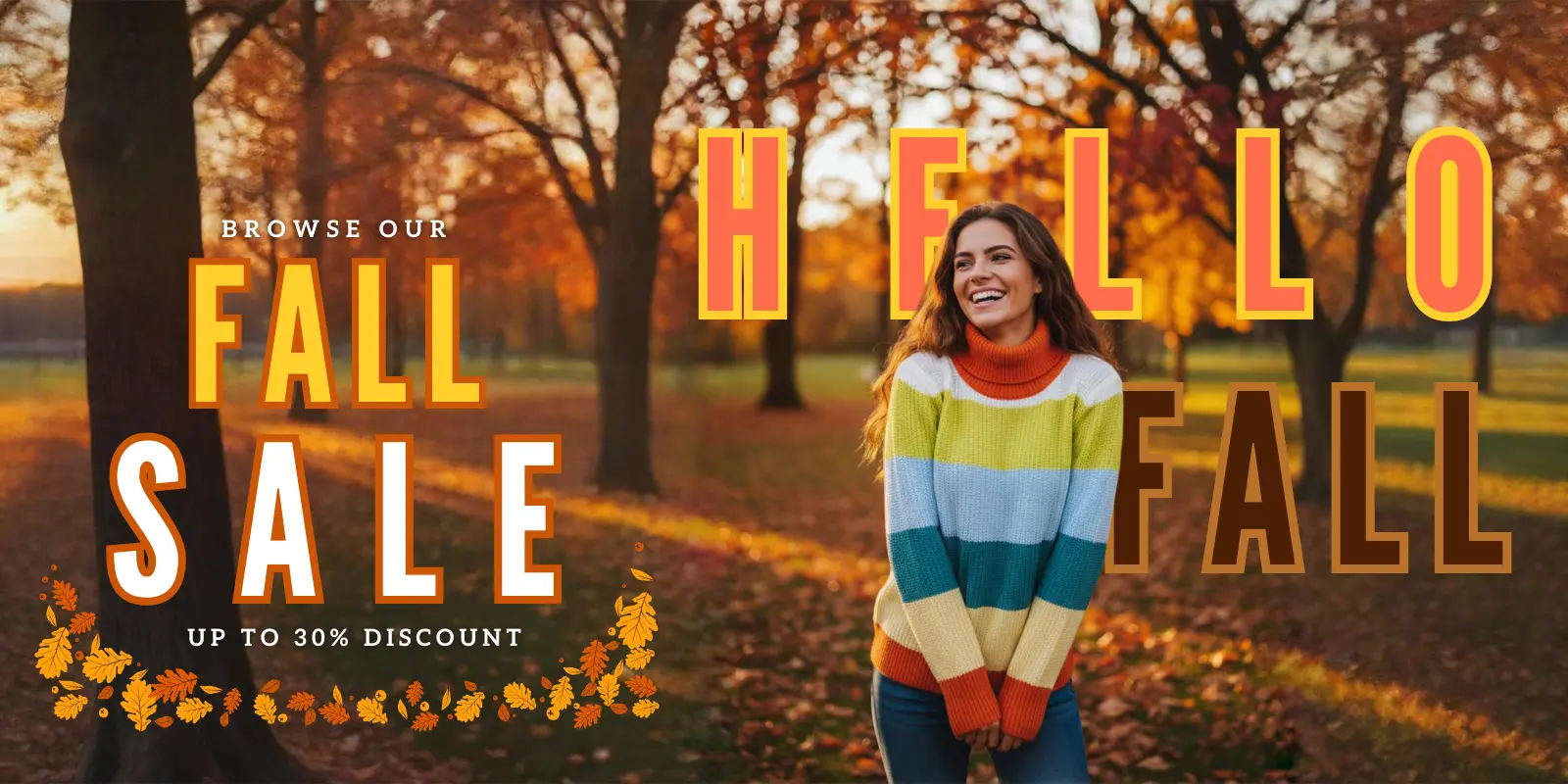 Woman in a colorful striped sweater standing in an autumn park with fall sale and discount text